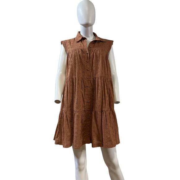 Mon Renn Florence Light Brown Eyelet Tiered Swing Dress Size M - Picture 1 of 4